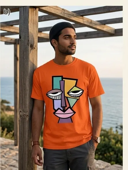 Abstract Picasso Face Print Oversized Orange T-Shirt | Trendy Streetwear Graphic Tee — view 2