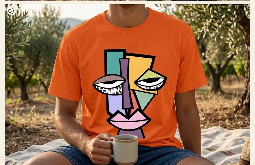 Abstract Picasso Face Print Oversized Orange T-Shirt | Trendy Streetwear Graphic Tee — view 3