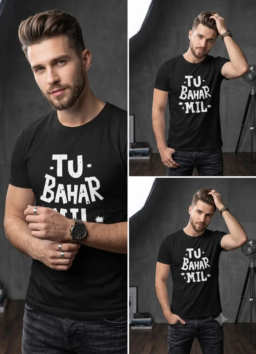 "Tu Bahar Mil" Graphic Printed Black Round Neck T-Shirt — view 3
