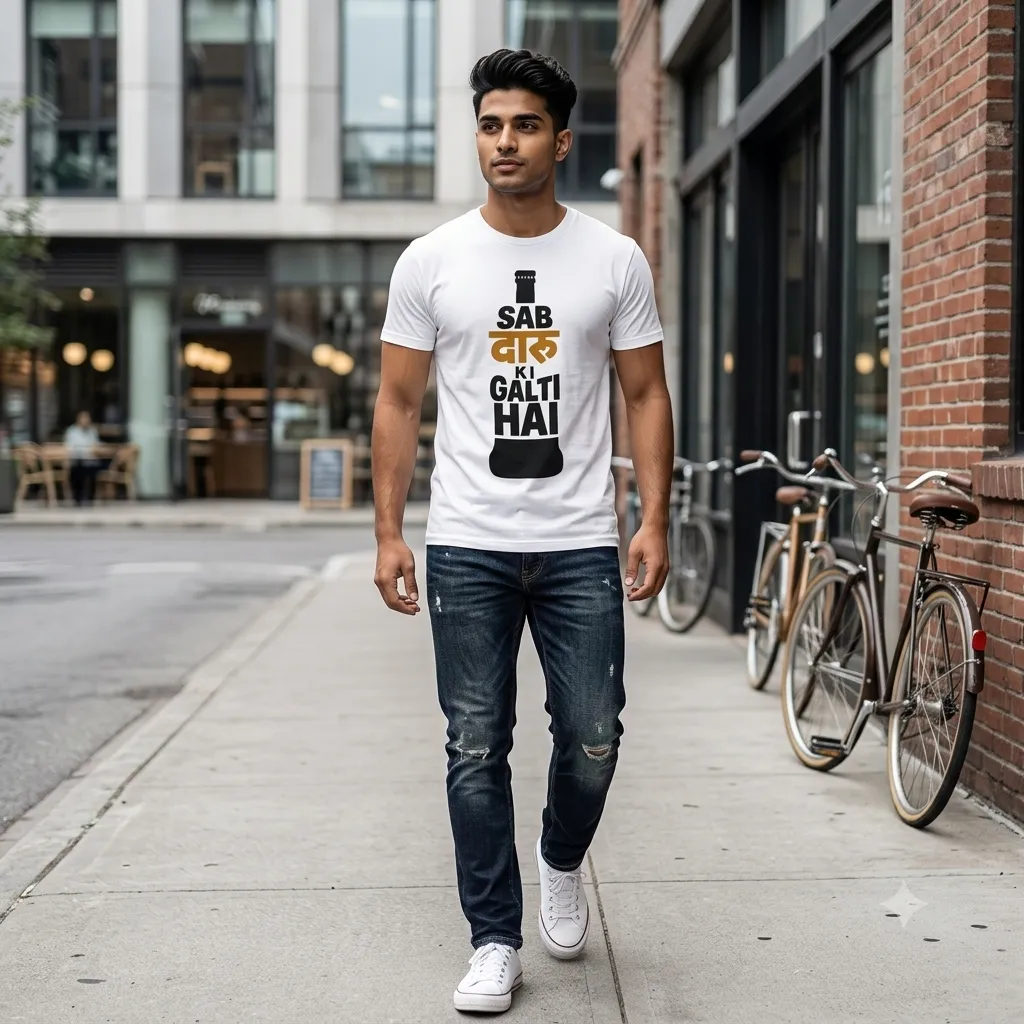 Men's Funny Hindi Meme Graphic Printed White T-Shirt - 'Sab Daaru Ki Galti Hai' Alcohol Bottle Silhouette Typography Cotton Tee — view 2