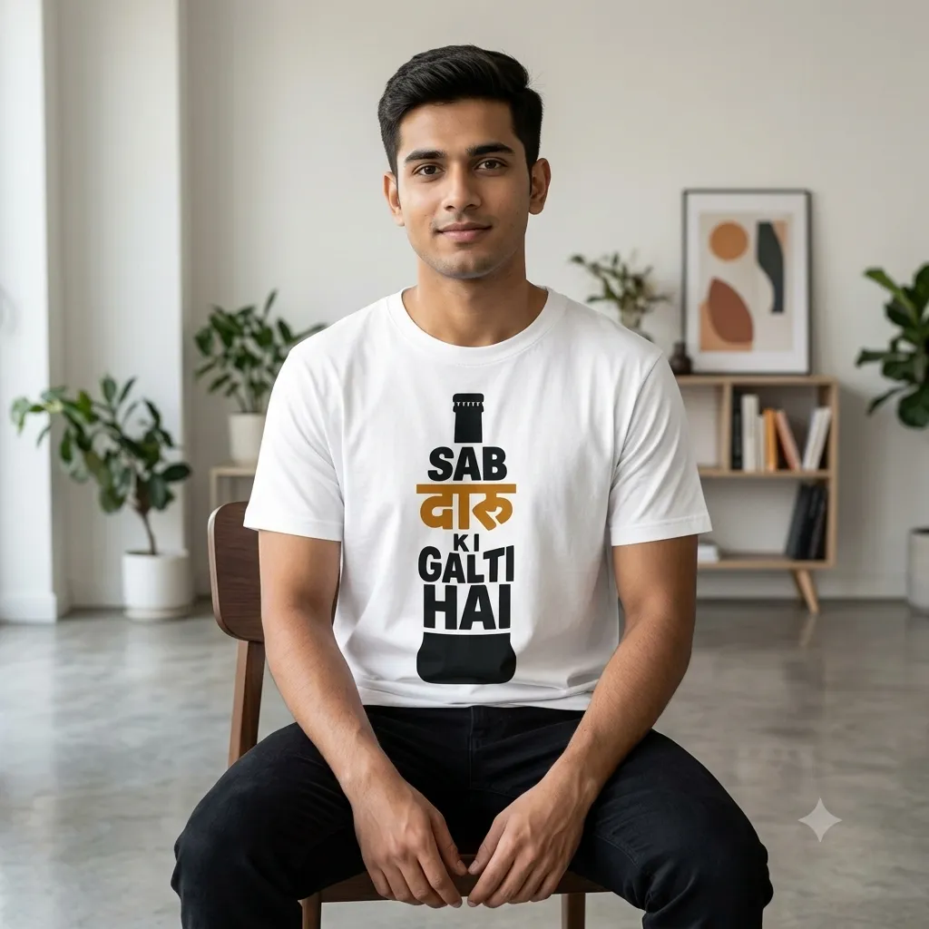 Men's Funny Hindi Meme Graphic Printed White T-Shirt - 'Sab Daaru Ki Galti Hai' Alcohol Bottle Silhouette Typography Cotton Tee — view 3