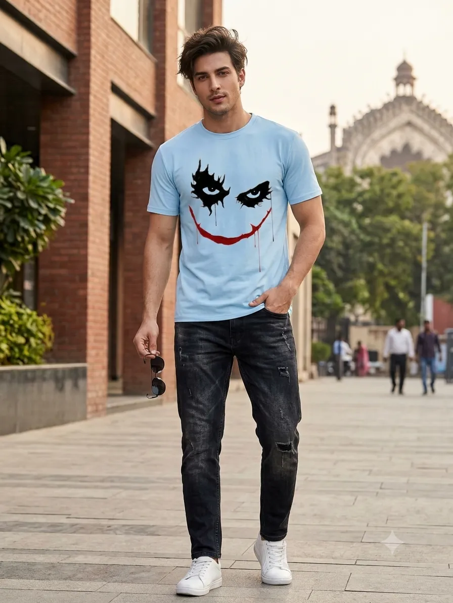 Men's Joker Face Graphic Printed T-Shirt - Iconic Villains Smile Dripping Graphic — view 2