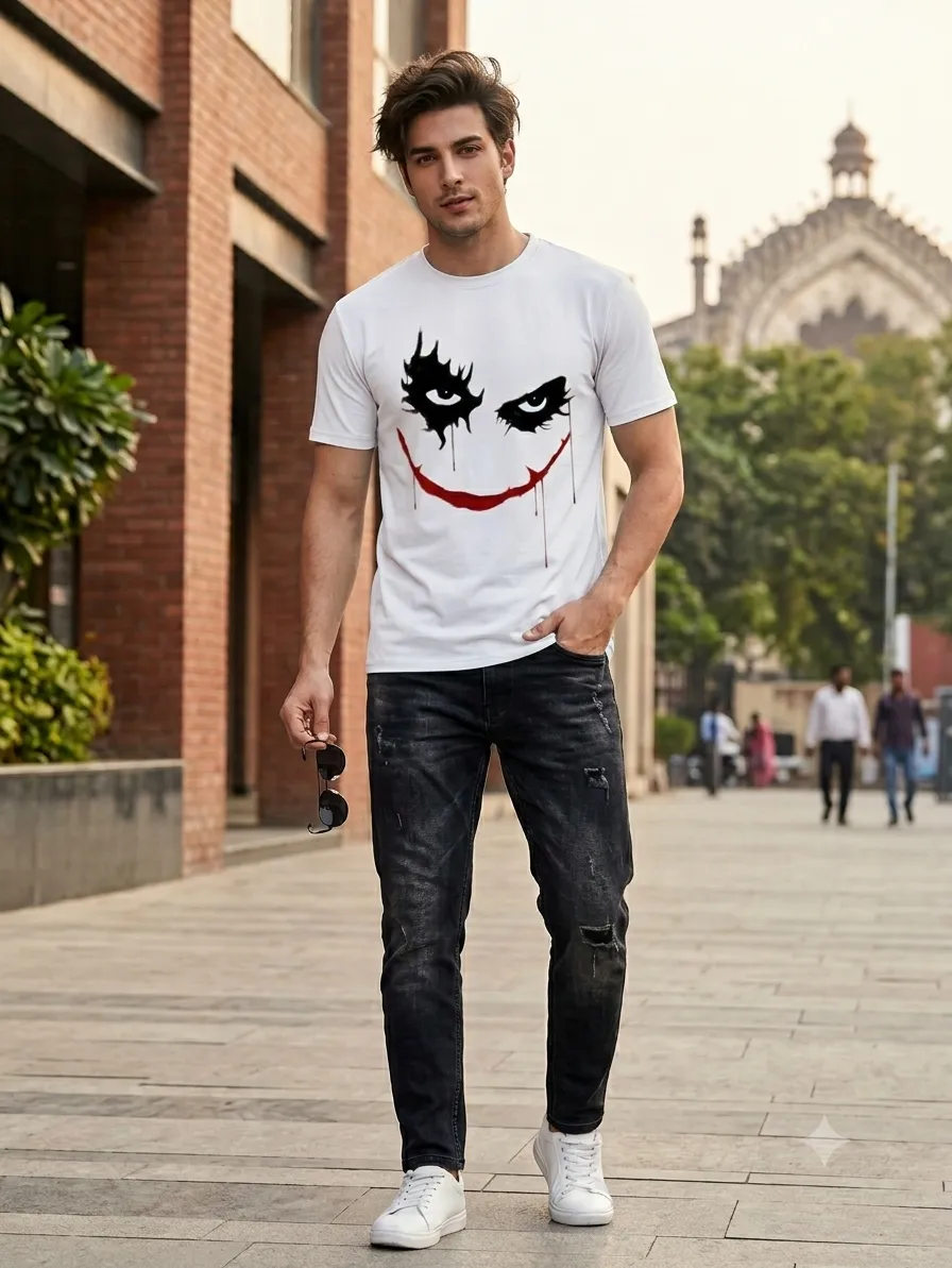 Men's Joker Face Graphic Printed T-Shirt - Iconic Villains Smile Dripping Graphic — view 3