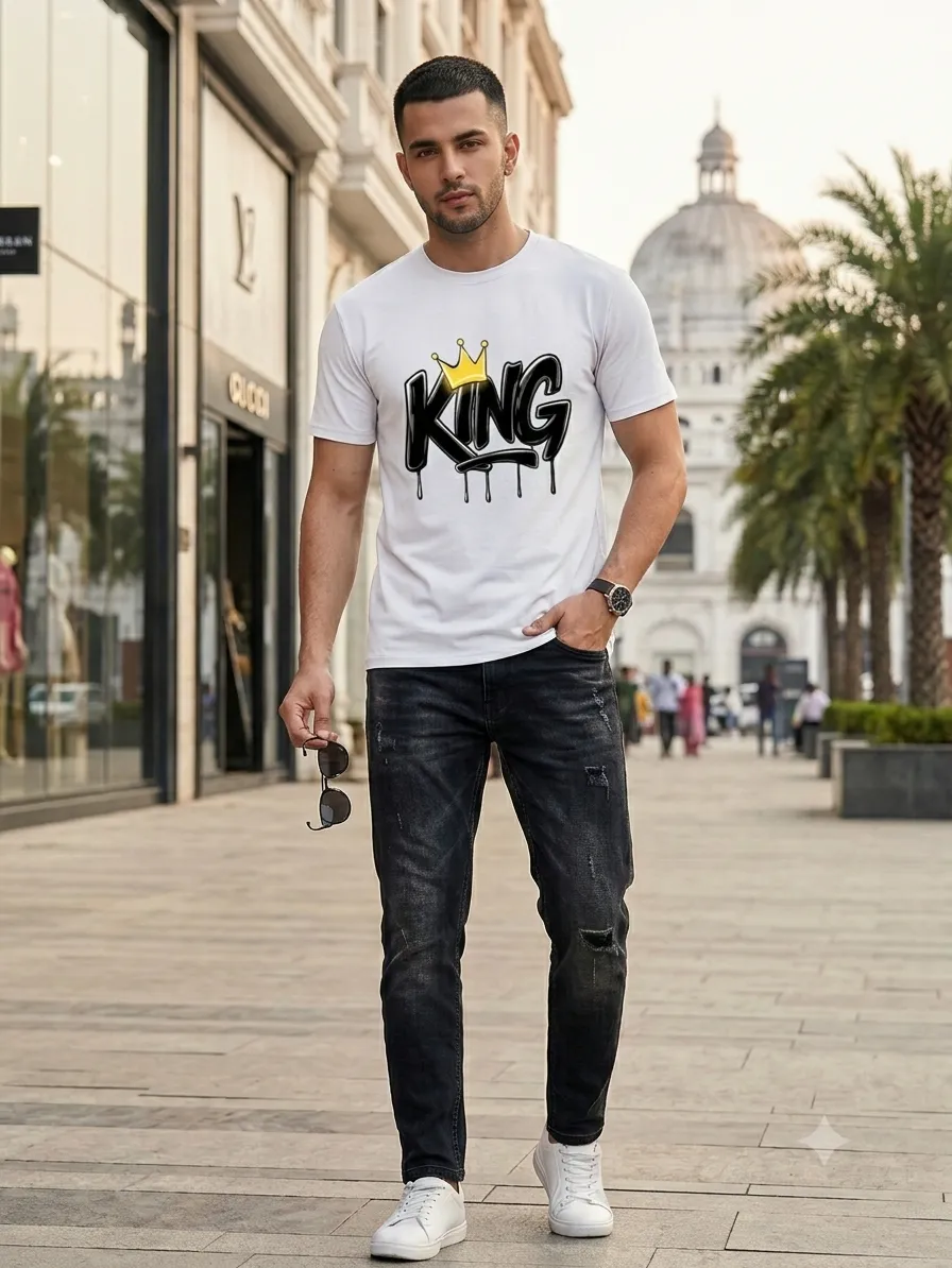 Men's Bold Graphic Printed White T-Shirt - 'KING' Typography with Yellow Crown Dripping Streetwear — view 2