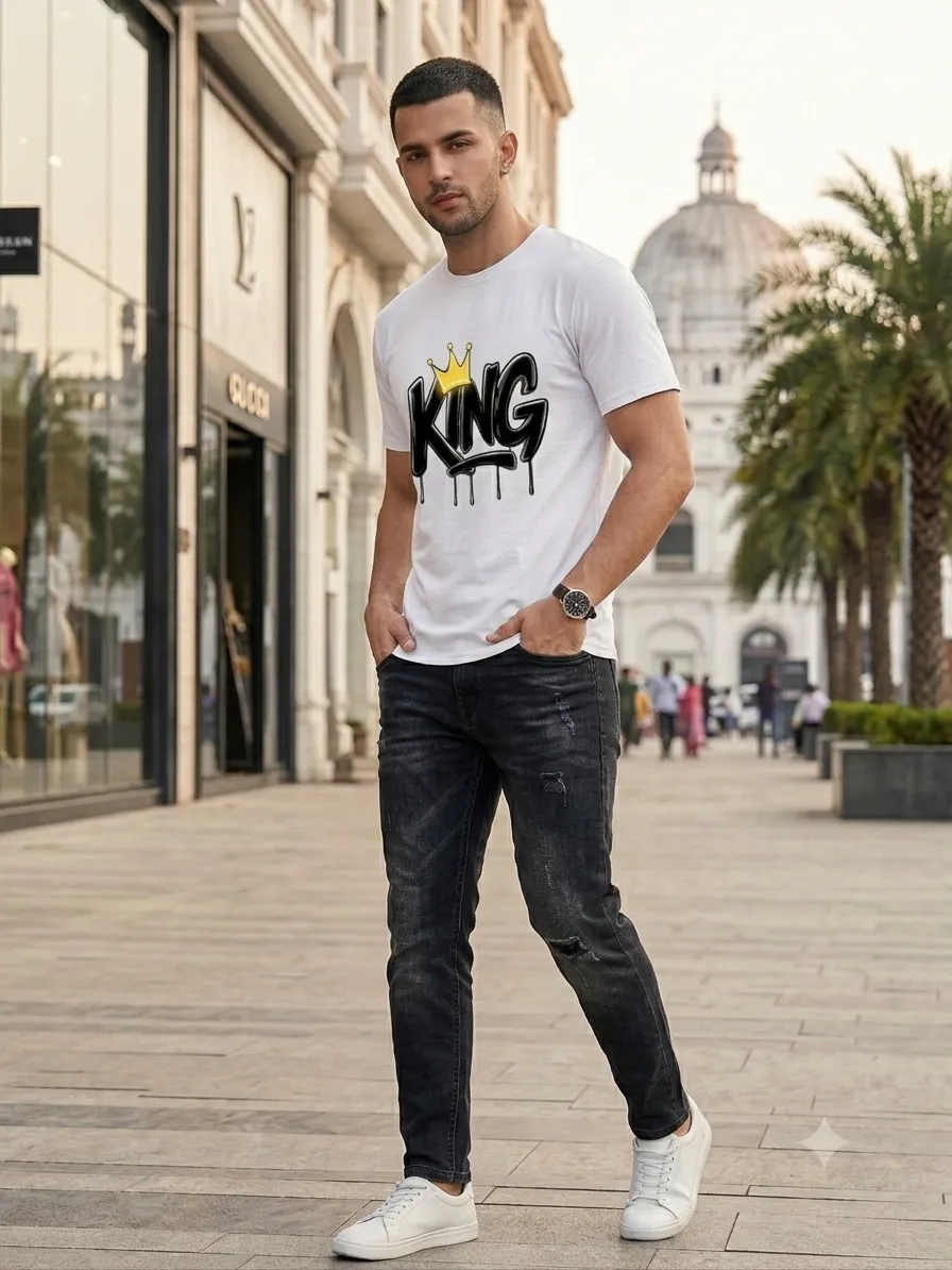 Men's Bold Graphic Printed White T-Shirt - 'KING' Typography with Yellow Crown Dripping Streetwear — view 3